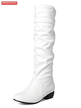 Faux Leather Knee High Flat Slouch Boots Round Toe Pull On